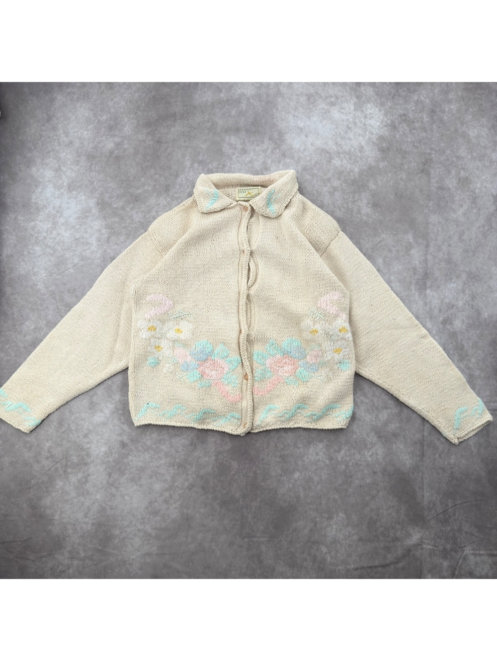 80s Stewart Ross Vintage Cream Floral Knit Cardigan Pastel Cottagecore Button Up